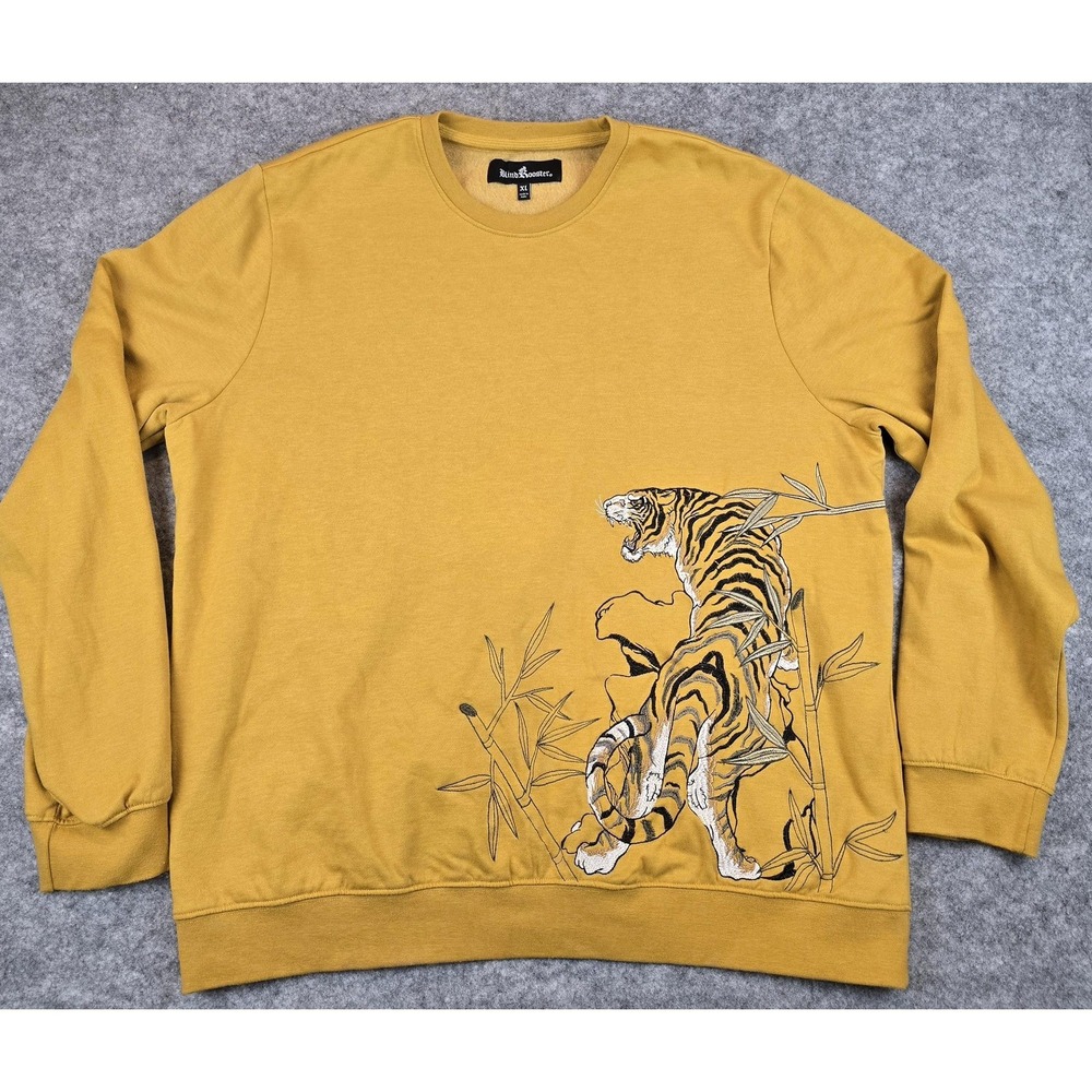 Blind Rooster Sweater Mens XL Mustard Yellow Tiger Embroidered Pullover Crewneck